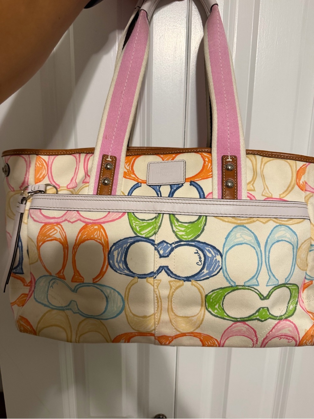Coach 2007 Scribble Multicolor Tote Pink Trim Handles